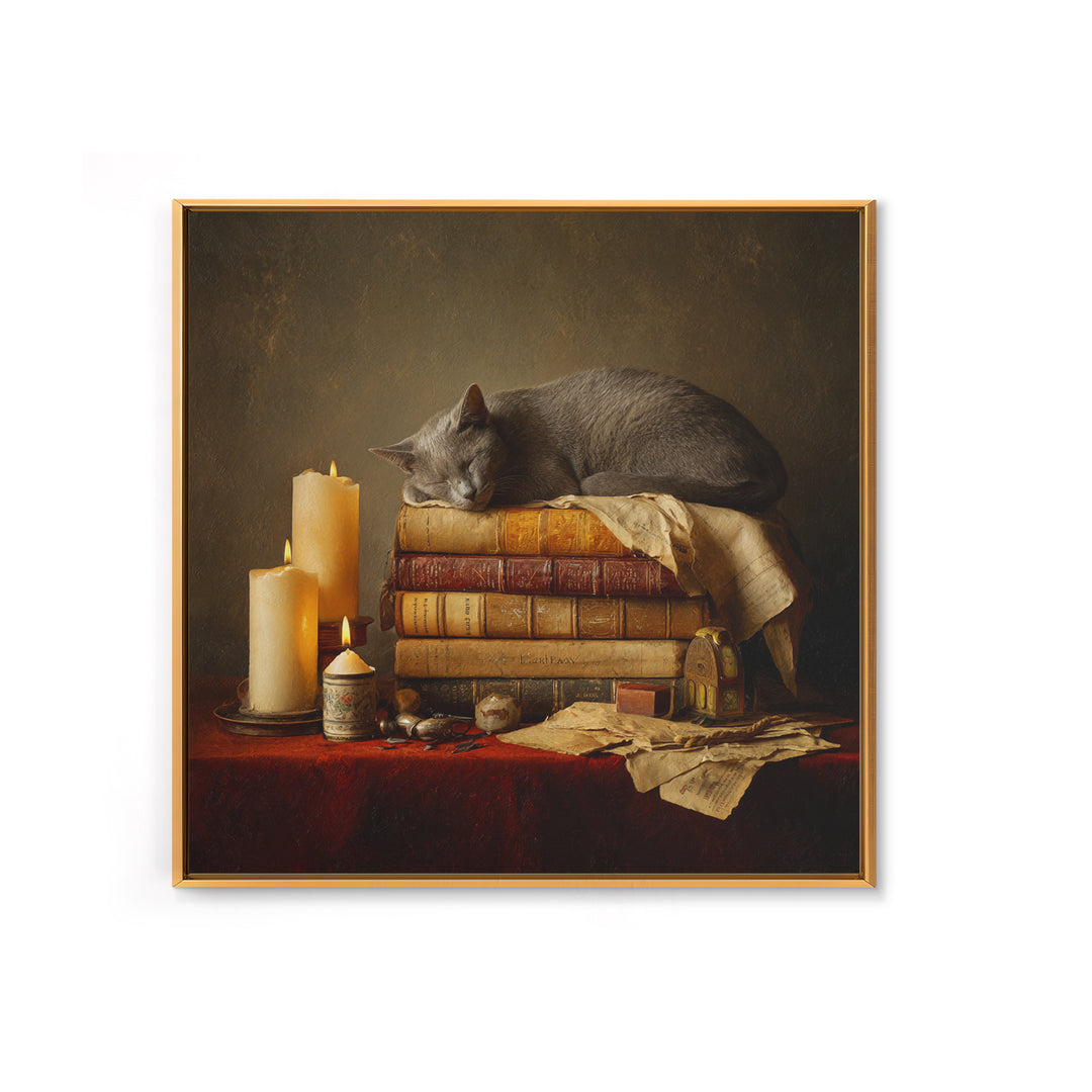Cat Sleeping on a Book Stack Canvas Print, Library Art, Moody Wall Art, Library Decor, Fine Art, Archive, Gallery Decor, LIB-1x1-31