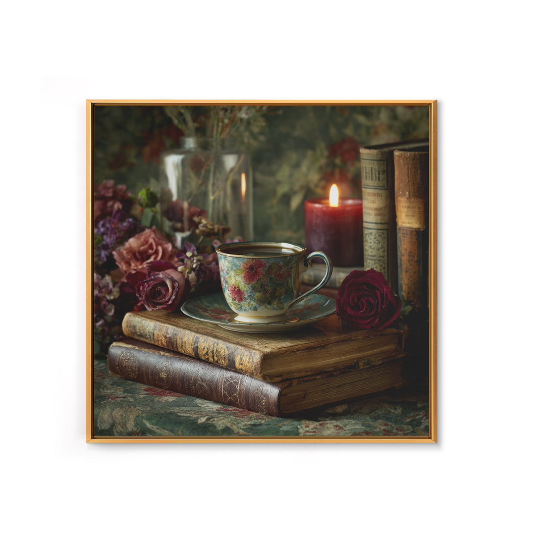 Teacup Beside a Novel and Roses Framed Canvas Print, Library Art, Gallery Decor, Library Decor, Fine Art, Archive, Wall Art, LIB-1x1-38