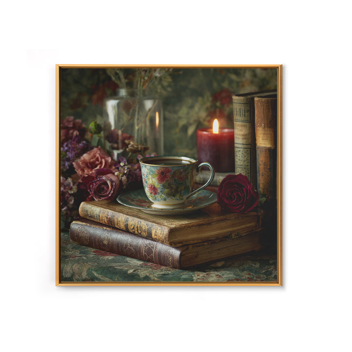 Teacup Beside a Novel and Roses Framed Canvas Print, Library Art, Gallery Decor, Library Decor, Fine Art, Archive, Wall Art, LIB-1x1-38
