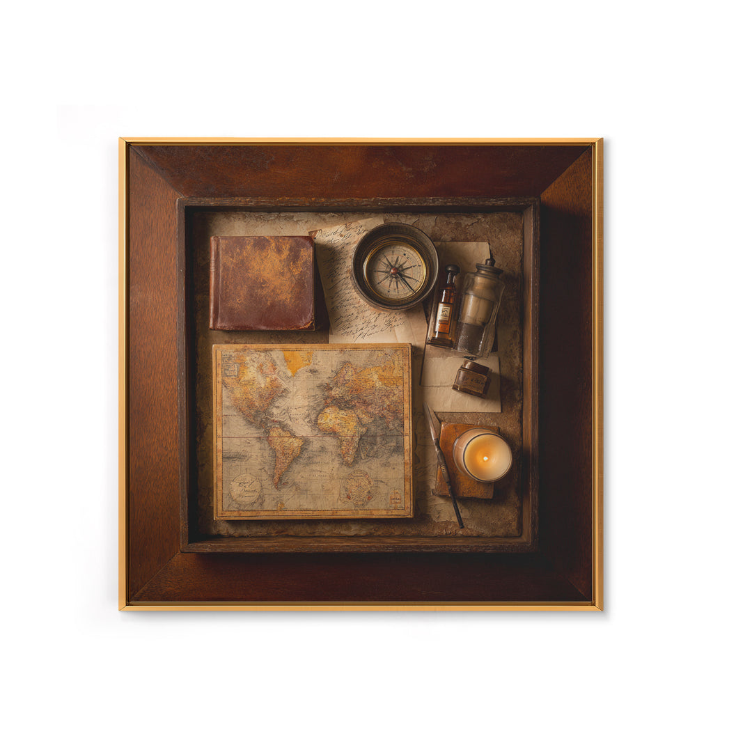 Map and Compass on Leather Bound Atlas Framed Canvas Print, Library Art, Room Decor, Library Decor, Fine Art, Archive, LIB-1x1-40