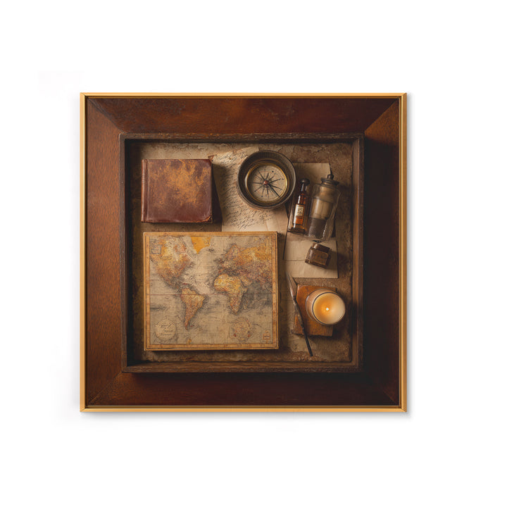 Map and Compass on Leather Bound Atlas Framed Canvas Print, Library Art, Room Decor, Library Decor, Fine Art, Archive, LIB-1x1-40