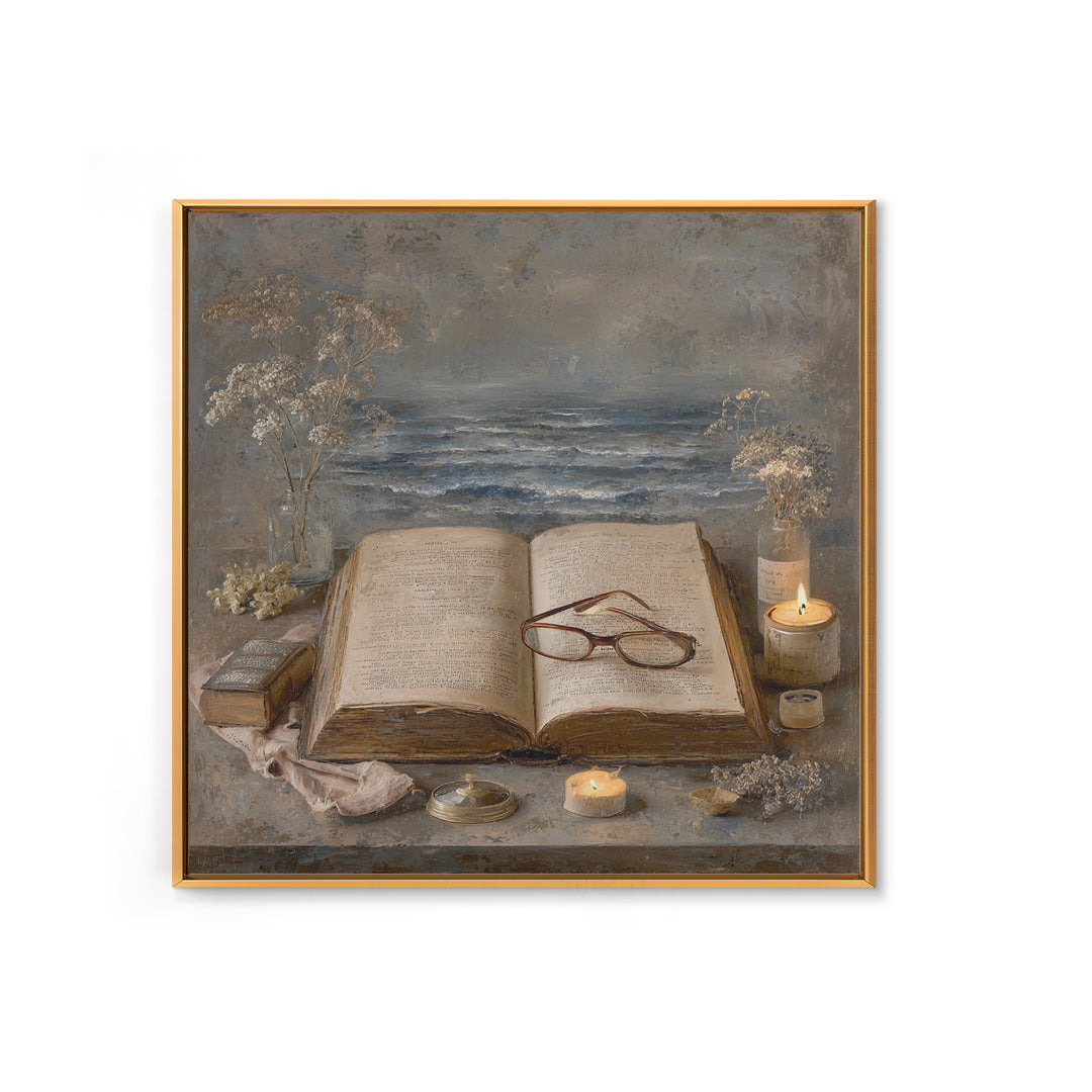 Stormy Sea Painting Inside an Open Book Framed Canvas Print, Library Art, Dark Academia Art, Library Decor, Abstract Art, LIB-1x1-42