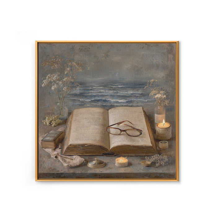 Stormy Sea Painting Inside an Open Book Framed Canvas Print, Library Art, Dark Academia Art, Library Decor, Abstract Art, LIB-1x1-42