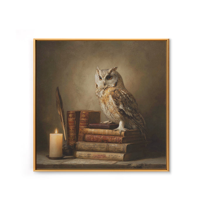 Owl Perched on a Pile of Antique Canvas Print, Library Art, Gothic Wall Decor, Library Decor, Fine Art, Archive, LIB-1x1-50