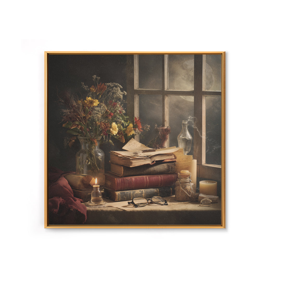 Moonlit Window with Floating Pages Framed Canvas Print, Library Art, Dark Academia Decor, Library Decor, Fine Art, Archive, LIB-1x1-56