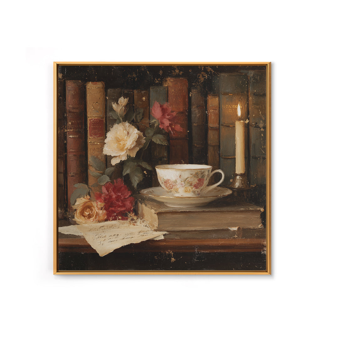 Teacup Beside a Novel and Roses Framed Canvas Print, Library Art, Gallery Decor, Library Decor, Fine Art, Archive, Wall Art, LIB-1x1-62