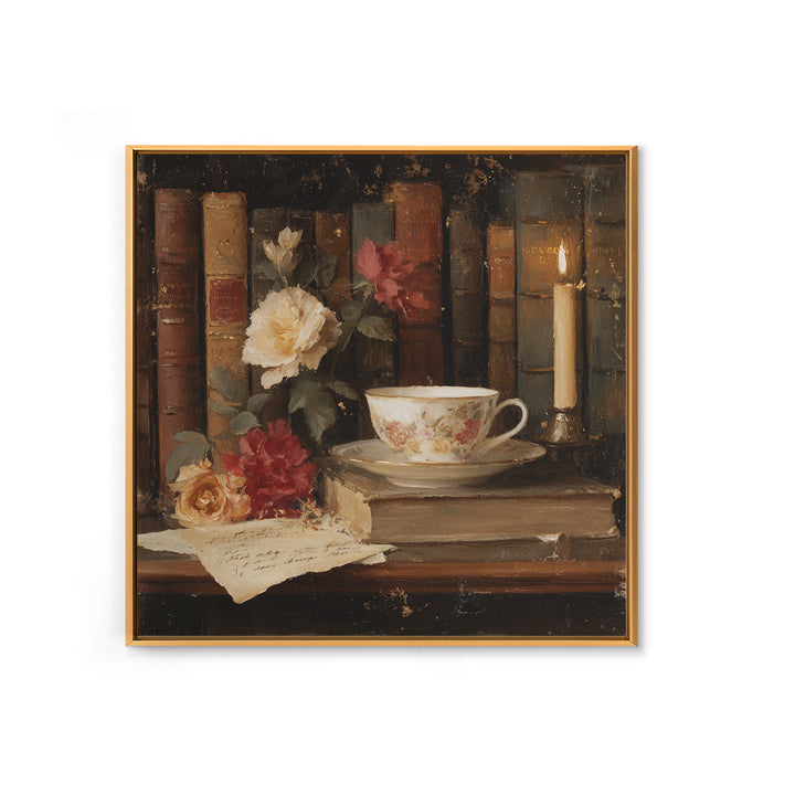 Teacup Beside a Novel and Roses Framed Canvas Print, Library Art, Gallery Decor, Library Decor, Fine Art, Archive, Wall Art, LIB-1x1-62