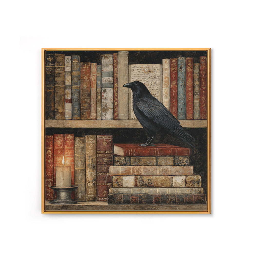 Black Raven Perched on Closed Book Framed Canvas Print, Library Art, Reading Nook Decor, Library Decor, Fine Art, Archive, LIB-1x1-70