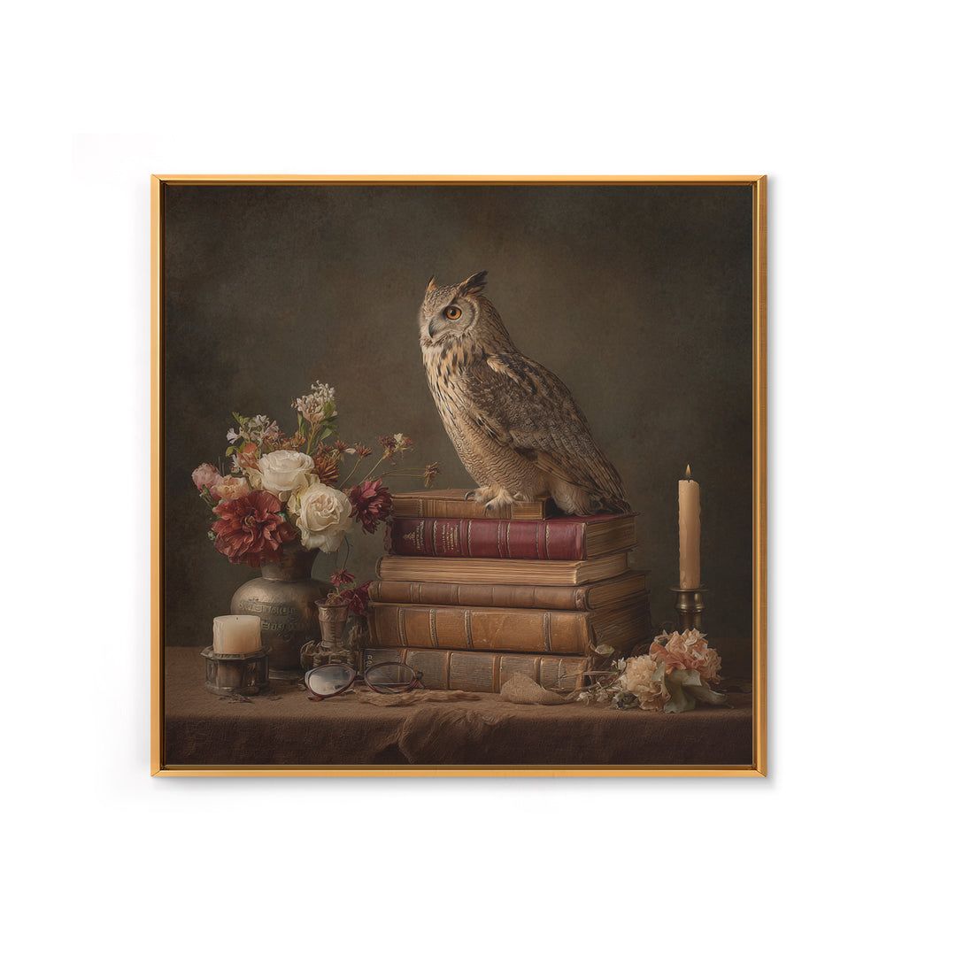 Owl Perched on a Pile of Antique Framed Canvas Print, Library Art, Fine Art Print, Library Decor, Fine Art, Archive, Painting, LIB-1x1-74