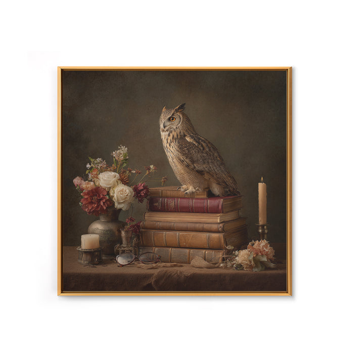 Owl Perched on a Pile of Antique Framed Canvas Print, Library Art, Fine Art Print, Library Decor, Fine Art, Archive, Painting, LIB-1x1-74