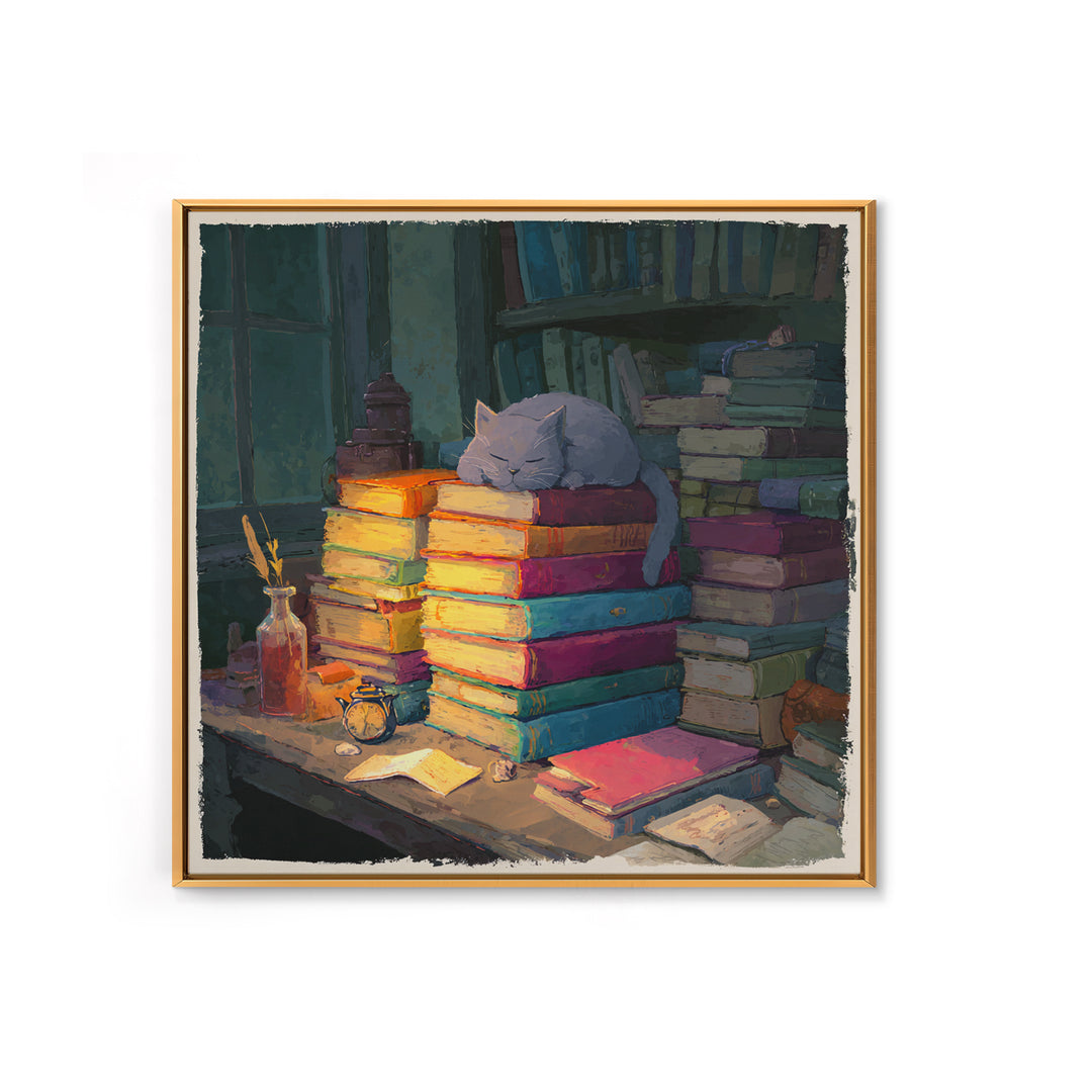 Cat Sleeping on a Book Stack Framed Canvas Print, Library Art, Boho Decor, Library Decor, Oil Painting, Archive, Digital Art, LIB-1x1-79