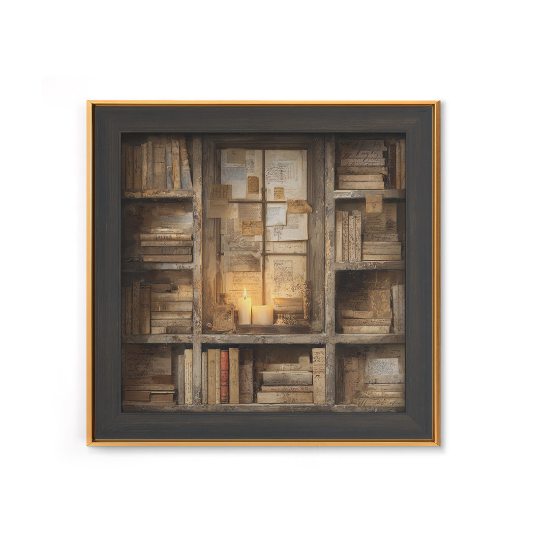 Moonlit Window with Floating Pages Framed Canvas Print, Library Art, Fine Art Print, Library Decor, Fine Art, Archive, LIB-1x1-80