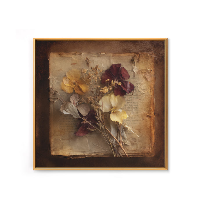 Botanical Pressed Flowers Inside Old Pages Canvas Print, Library Art, Painting, Library Decor, Oil Painting, Archive, LIB-1x1-81