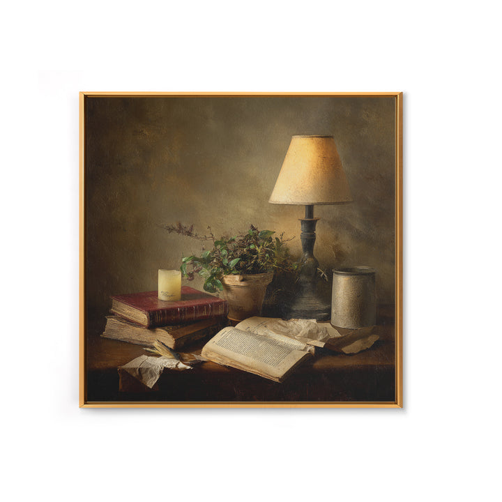 Warm Reading Lamp and Small Plant Still Framed Canvas Print, Library Art, Wall Art, Library Decor, Oil Painting, Archive, LIB-1x1-93