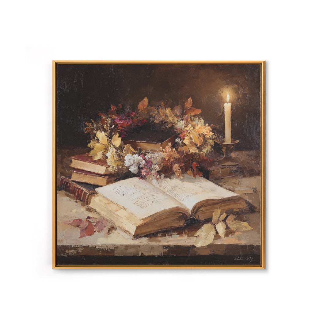Botanical Wreath Surrounding an Open Book Framed Canvas Print, Library Art, Printable Wall Art, Library Decor, Archive, LIB-1x1-96