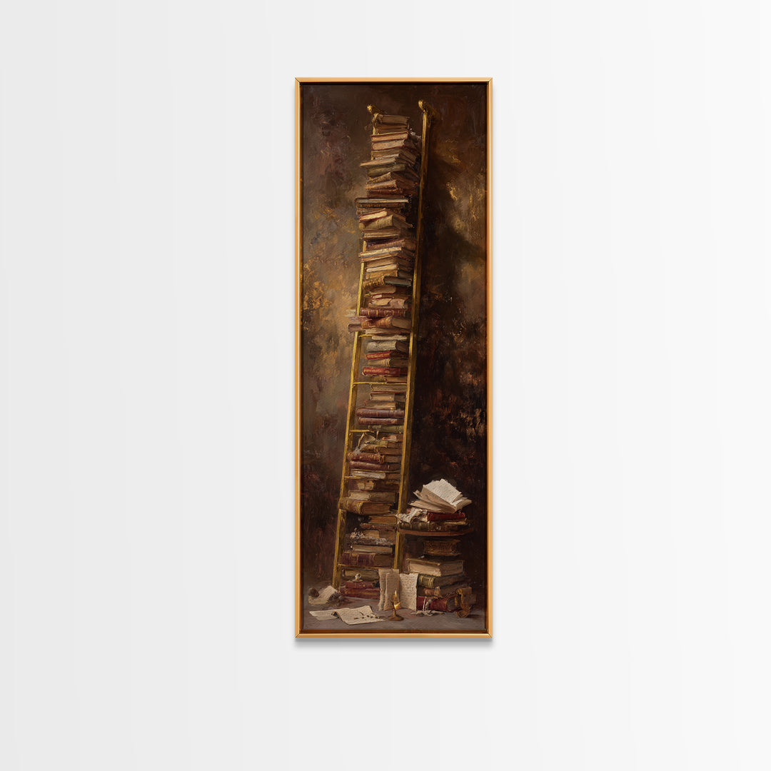 Rolling Library Ladder Framed Canvas Print, Library Art, Wall Art Print, Library Decor, Abstract Art, Archive, LIB-1x3-15