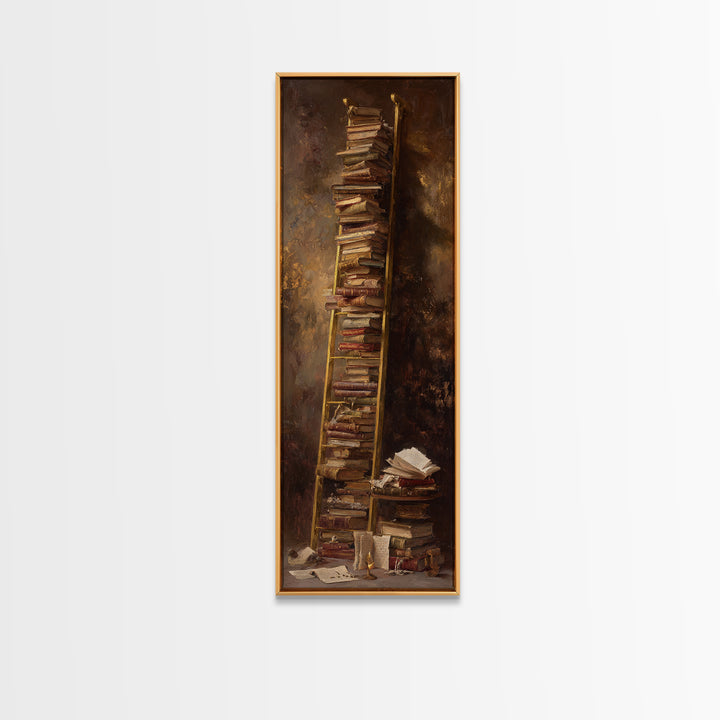 Rolling Library Ladder Framed Canvas Print, Library Art, Wall Art Print, Library Decor, Abstract Art, Archive, LIB-1x3-15