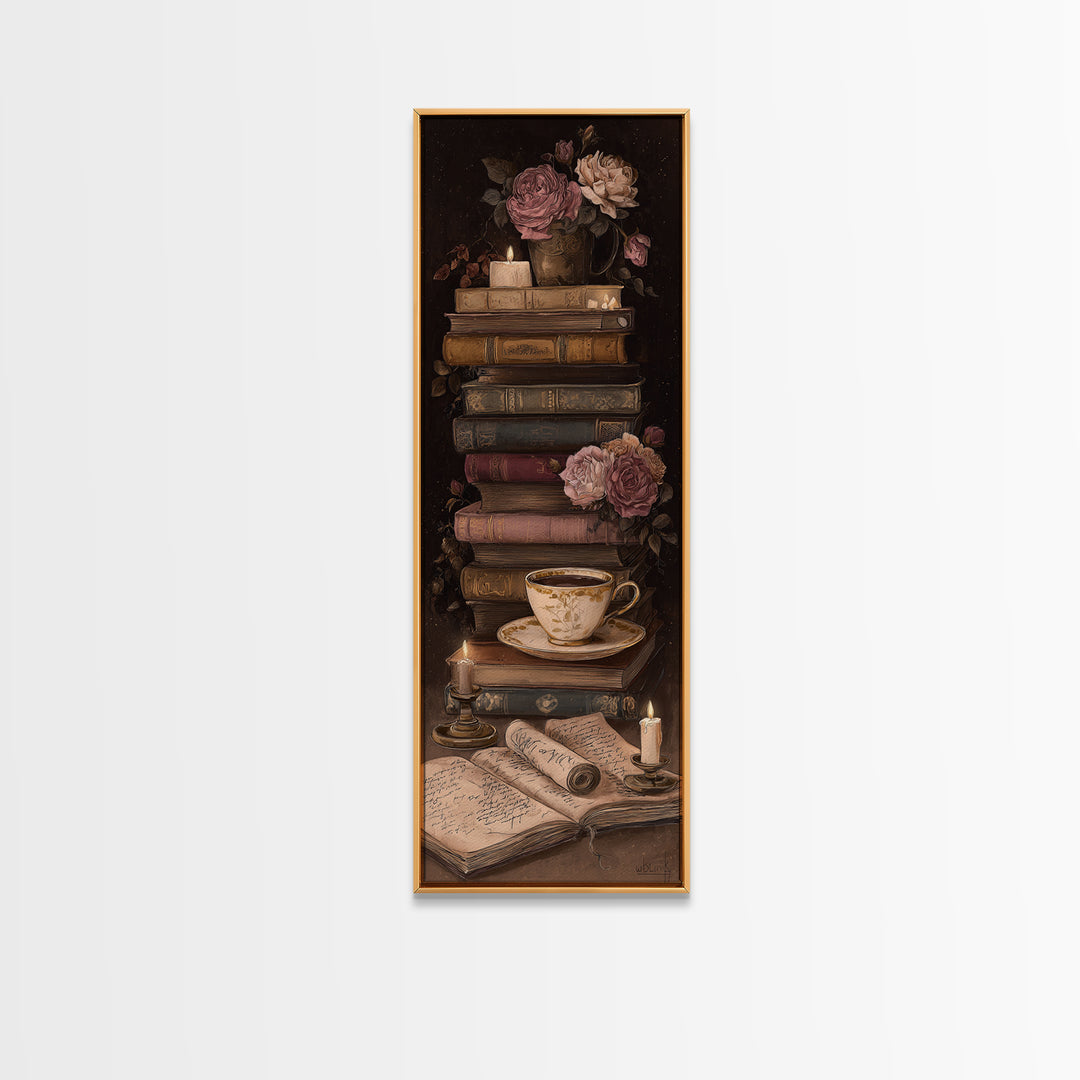 Teacup Beside a Novel and Roses Canvas Print, Library Art, Gothic Wall Decor, Library Decor, Fine Art, Archive, LIB-1x3-2