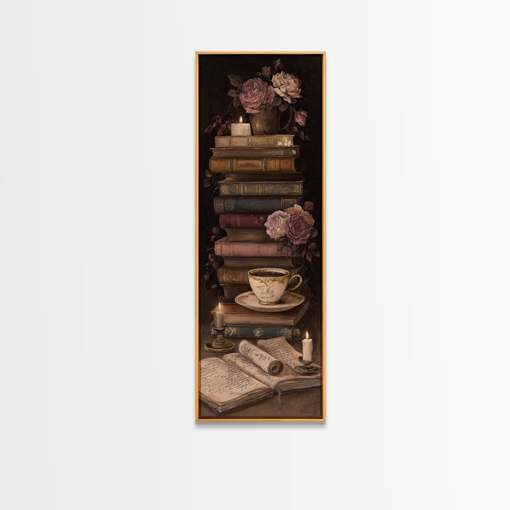 Teacup Beside a Novel and Roses Canvas Print, Library Art, Gothic Wall Decor, Library Decor, Fine Art, Archive, LIB-1x3-2