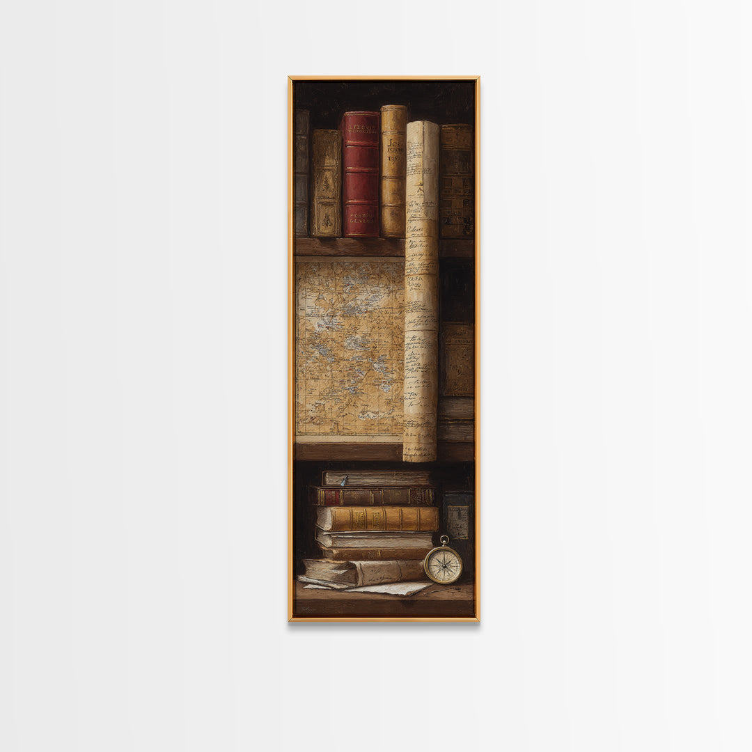Map and Compass on Leather Bound Atlas Canvas Print, Library Art, Art Print, Library Decor, Fine Art, Archive, Gothic Wall Art, LIB-1x3-28