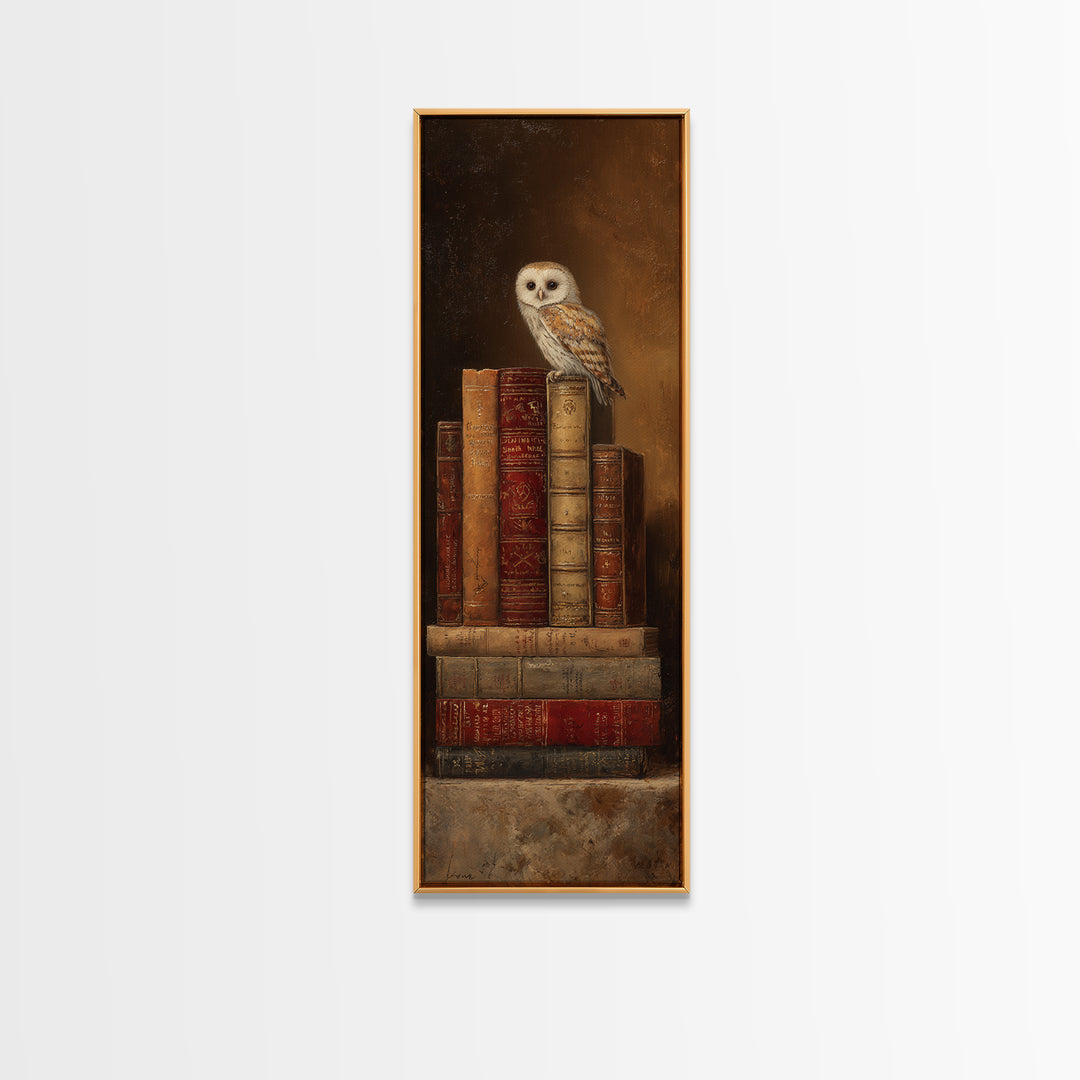 Owl Perched on a Pile of Antique Canvas Print, Library Art, Gallery Decor, Library Decor, Fine Art, Archive, Wall Art, LIB-1x3-38