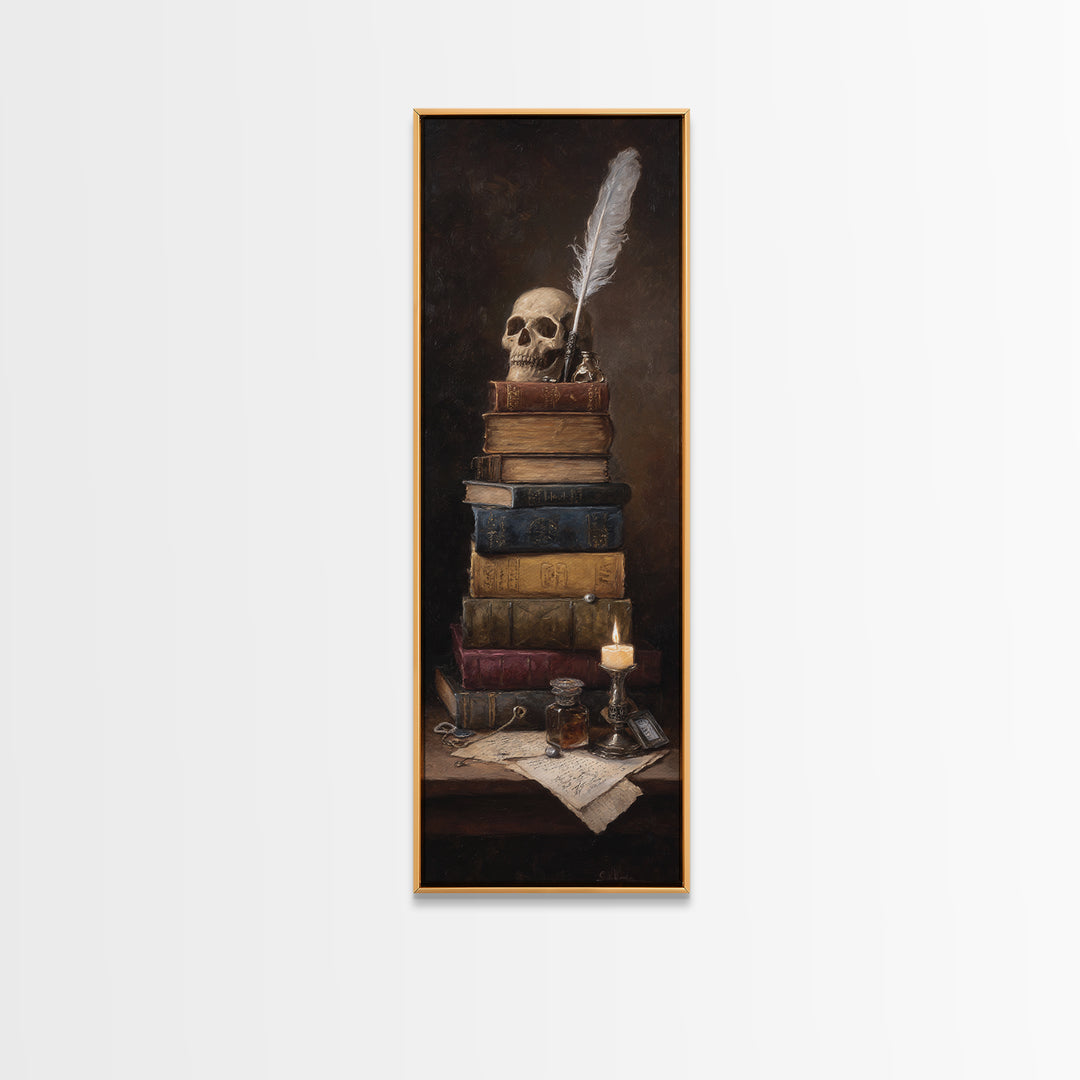 Dark Academia Skull Book and Quill Still Canvas Print, Library Art, Black Cat Art, Library Decor, Archive, Luxury Decor, LIB-1x3-41