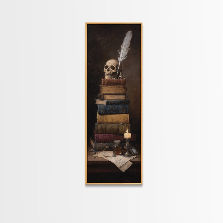Dark Academia Skull Book and Quill Still Canvas Print, Library Art, Black Cat Art, Library Decor, Archive, Luxury Decor, LIB-1x3-41