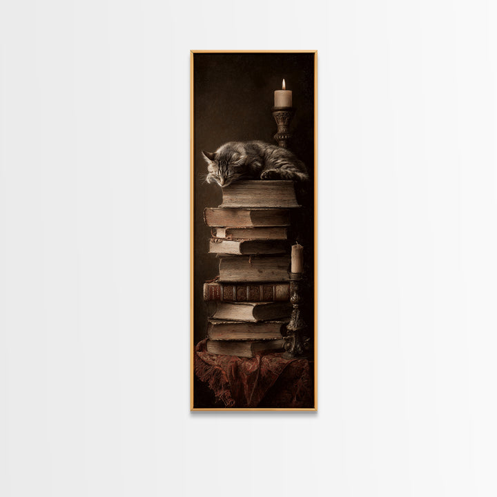 Cat Sleeping on a Book Stack Canvas Print, Library Art, Moody Wall Art, Library Decor, Fine Art, Archive, Gallery Decor, LIB-1x3-43