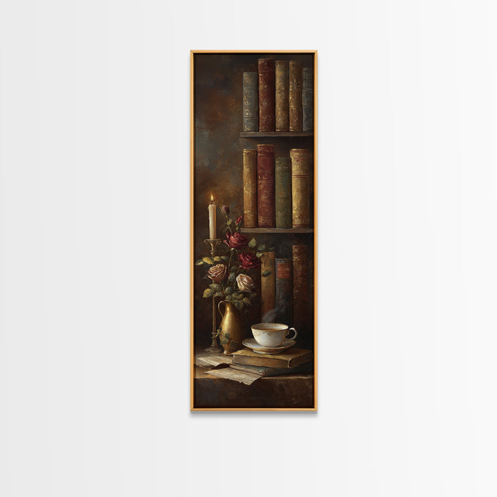 Teacup Beside a Novel and Roses Framed Canvas Print, Library Art, Fine Art Print, Library Decor, Fine Art, Archive, Painting, LIB-1x3-50