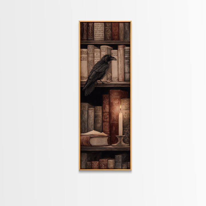 Black Raven Perched on Closed Book Framed Canvas Print, Library Art, Halloween Wall Art, Library Decor, Watercolor Art, Archive, LIB-1x3-58