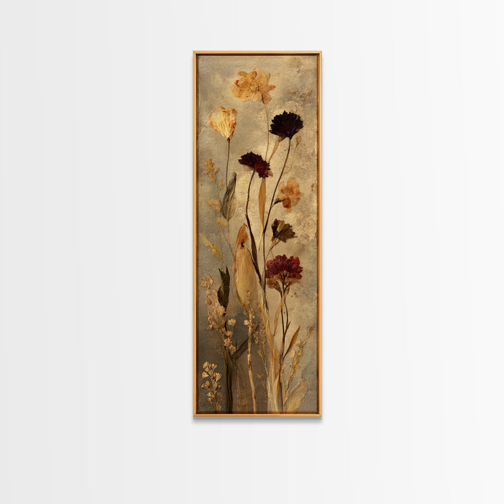 Botanical Pressed Flowers Inside Old Pages Framed Canvas Print, Library Art, Wall Art, Library Decor, Watercolor Art, Archive, LIB-1x3-69