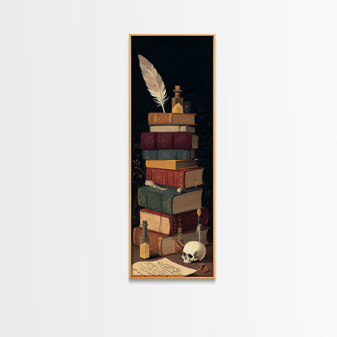 Dark Academia Skull Book and Quill Still Canvas Print, Library Art, Gothic Wall Decor, Library Decor, Fine Art, Archive, LIB-1x3-89