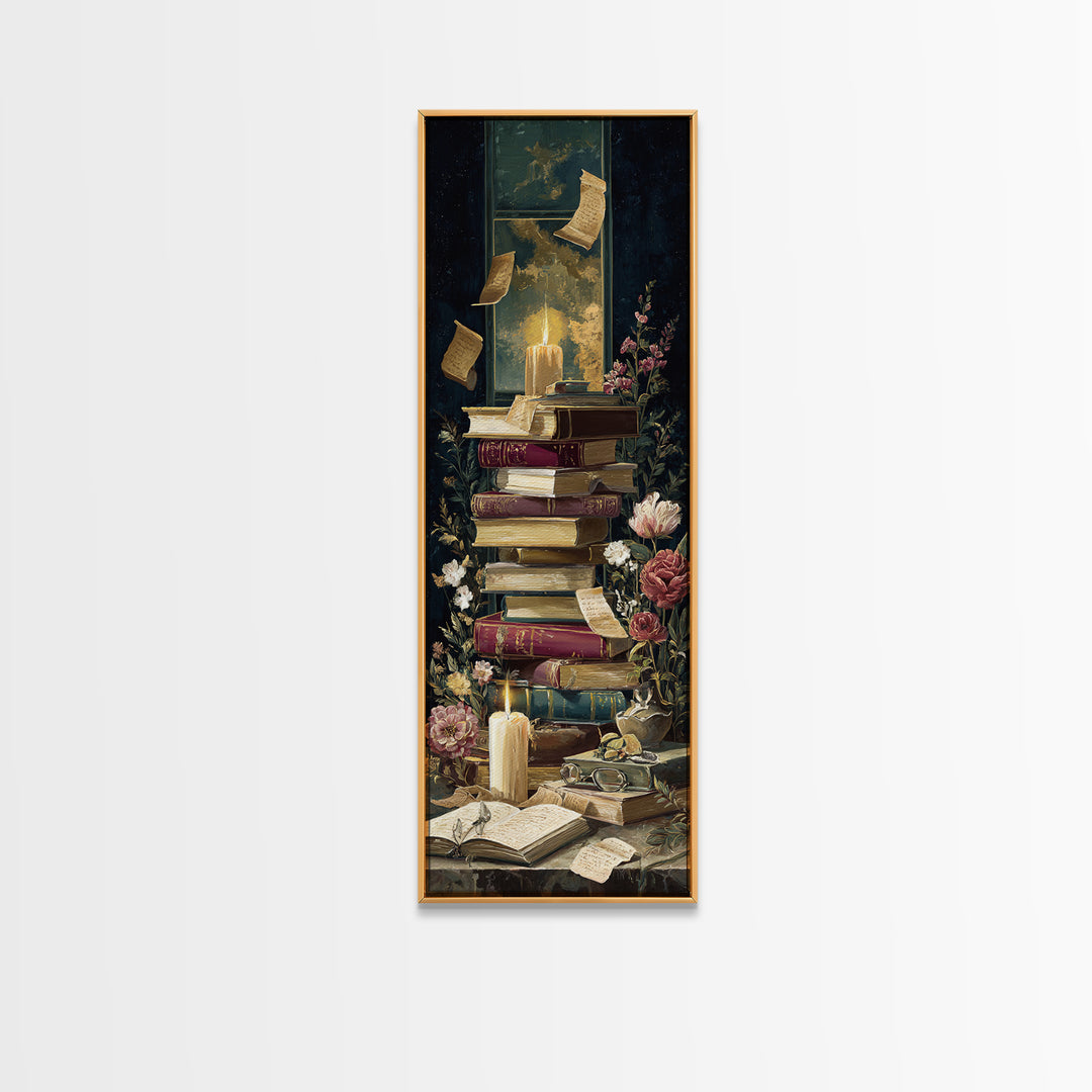 Moonlit Window with Floating Pages Framed Canvas Print, Library Art, Black Cat Art, Library Decor, Fine Art, Archive, LIB-1x3-92