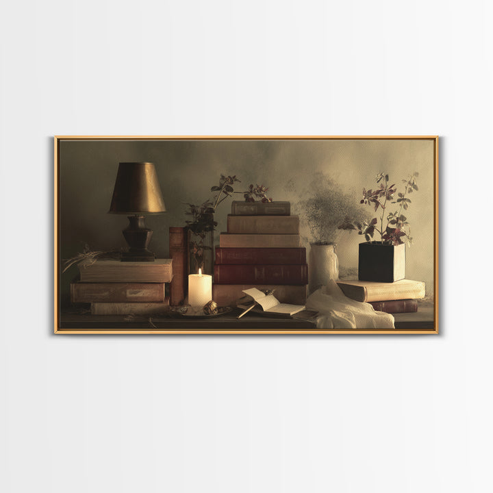 Warm Reading Lamp and Small Plant Still Canvas Print, Library Art, Printable Wall Art, Library Decor, Fine Art, Archive, LIB-2x1-17