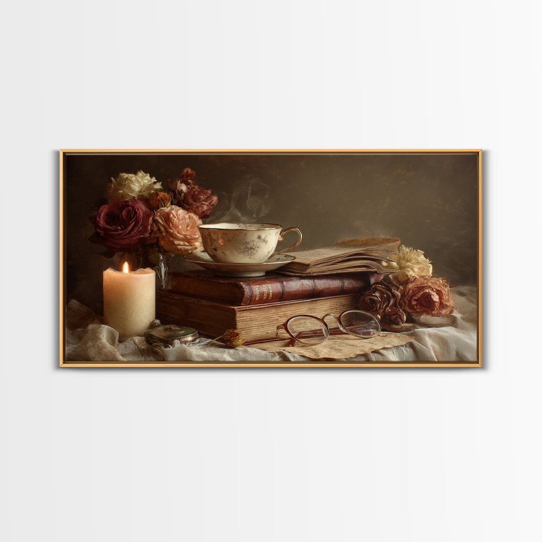 Teacup Beside a Novel and Roses Framed Canvas Print, Library Art, Contemporary Art, Library Decor, Fine Art, Archive, LIB-2x1-34