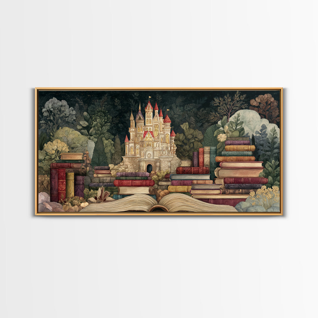 Storybook Castle Emerging from Open Book Framed Canvas Print, Library Art, Wall Art, Library Decor, Oil Painting, Archive, LIB-2x1-35