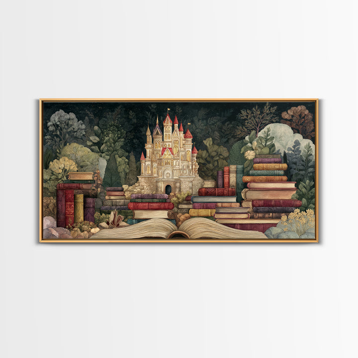 Storybook Castle Emerging from Open Book Framed Canvas Print, Library Art, Wall Art, Library Decor, Oil Painting, Archive, LIB-2x1-35
