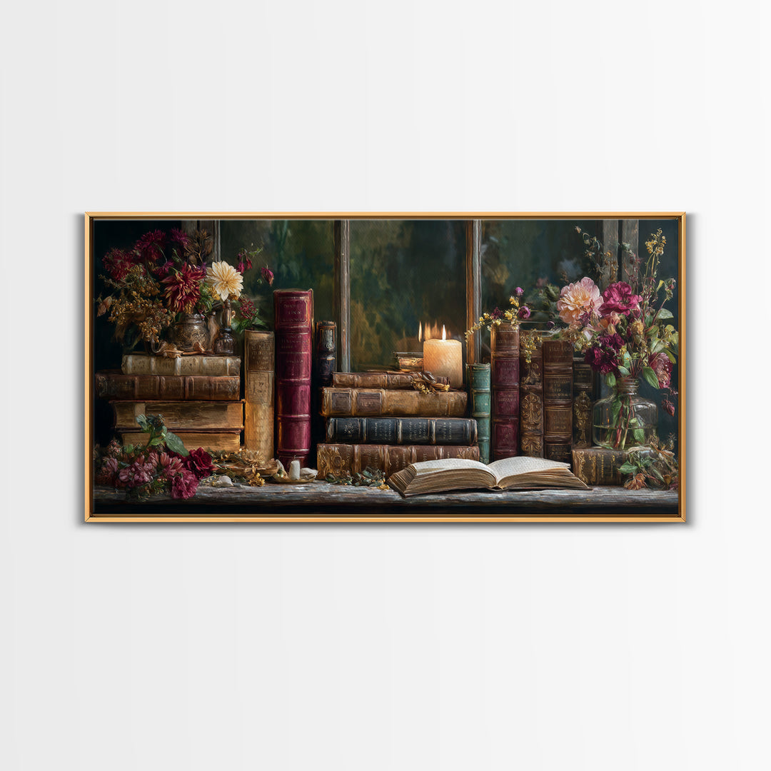 Old Books Stacked Framed Canvas Print, Library Art, Watercolor Painting, Library Decor, Oil Painting, Archive, Black Cat Art, LIB-2x1-45