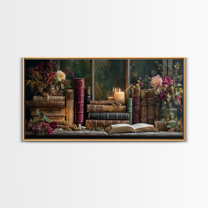 Old Books Stacked Framed Canvas Print, Library Art, Watercolor Painting, Library Decor, Oil Painting, Archive, Black Cat Art, LIB-2x1-45