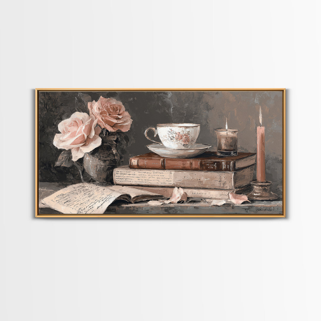 Teacup Beside a Novel and Roses Canvas Print, Library Art, Digital Art, Library Decor, Fine Art, Archive, Watercolor Art, LIB-2x1-58