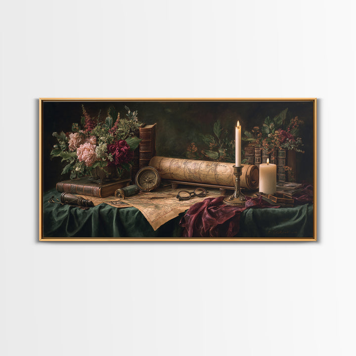 Map and Compass on Leather Bound Atlas Framed Canvas Print, Library Art, Gothic Home Decor, Library Decor, Oil Painting, LIB-2x1-60