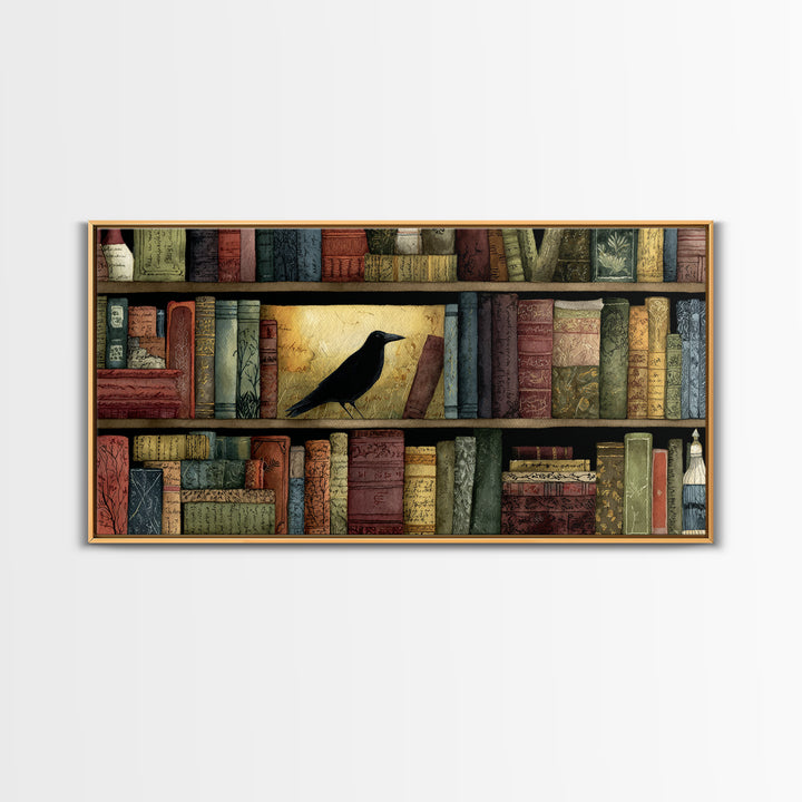 Black Raven Perched on Closed Book Canvas Print, Library Art, Library Decor, Watercolor Art, Archive, Unique Wall Art, LIB-2x1-66