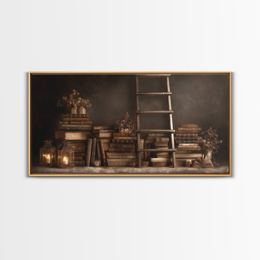 Rolling Library Ladder Canvas Print, Library Art, Dark Academia Art, Library Decor, Abstract Art, Archive, Room Decor, LIB-2x1-71