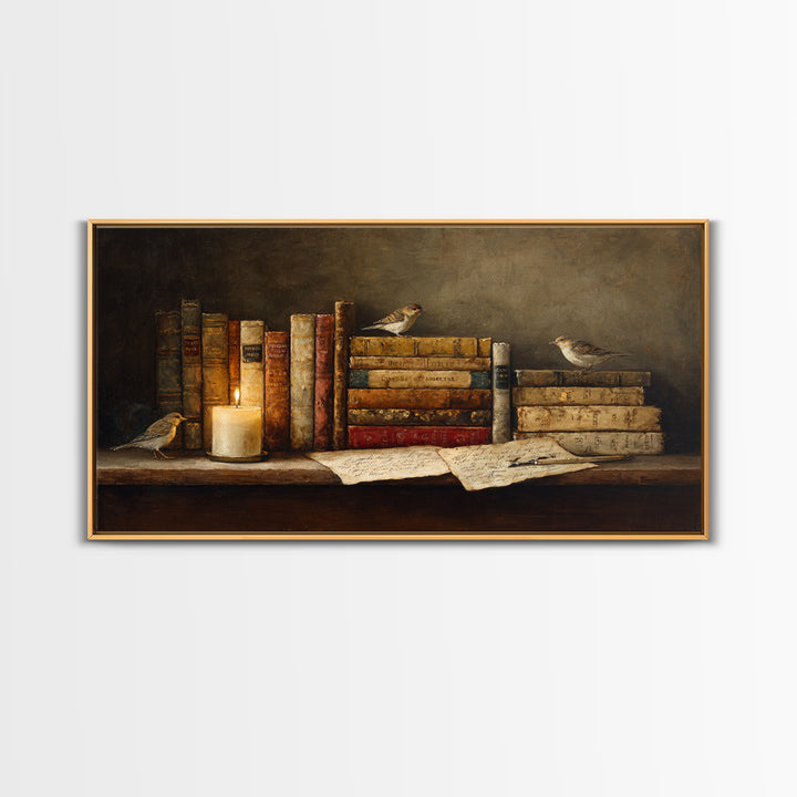 Open Book Releasing Tiny Birds Framed Canvas Print, Library Art, Living Room Decor, Library Decor, Fine Art, Archive, LIB-2x1-72