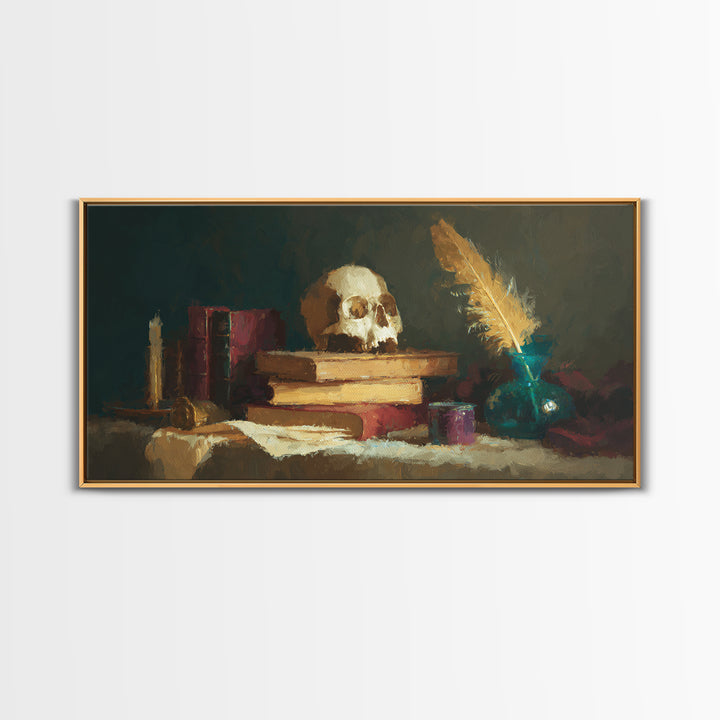 Dark Academia Skull Book and Quill Still Canvas Print, Library Art, Unique Wall Art, Library Decor, Fine Art, Archive, LIB-2x1-73
