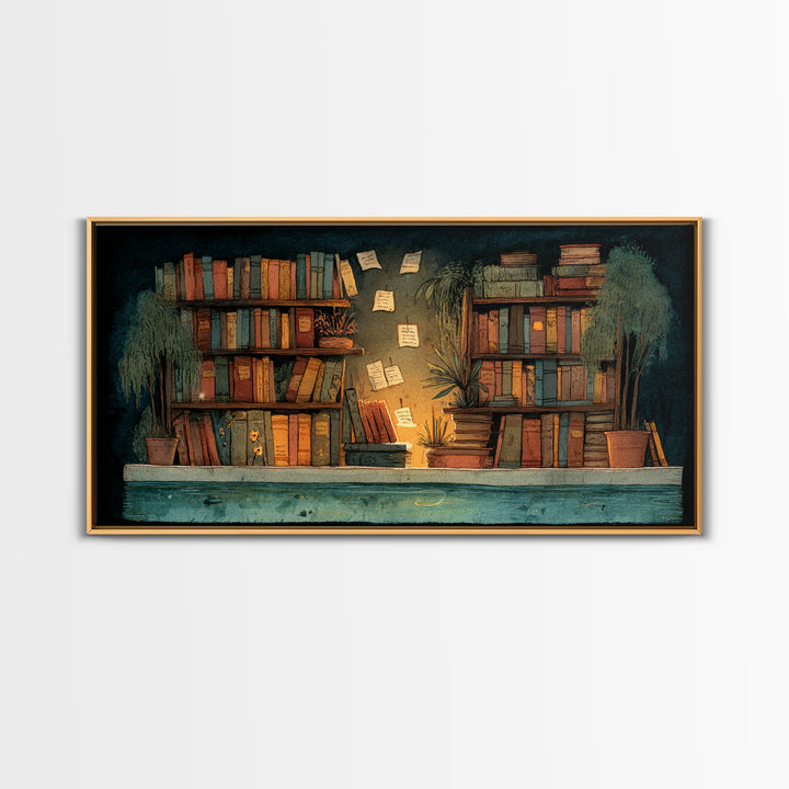 Moonlit Window with Floating Pages Canvas Print, Library Art, Gothic Wall Art, Library Decor, Archive, Bookish Wall Art, LIB-2x1-76