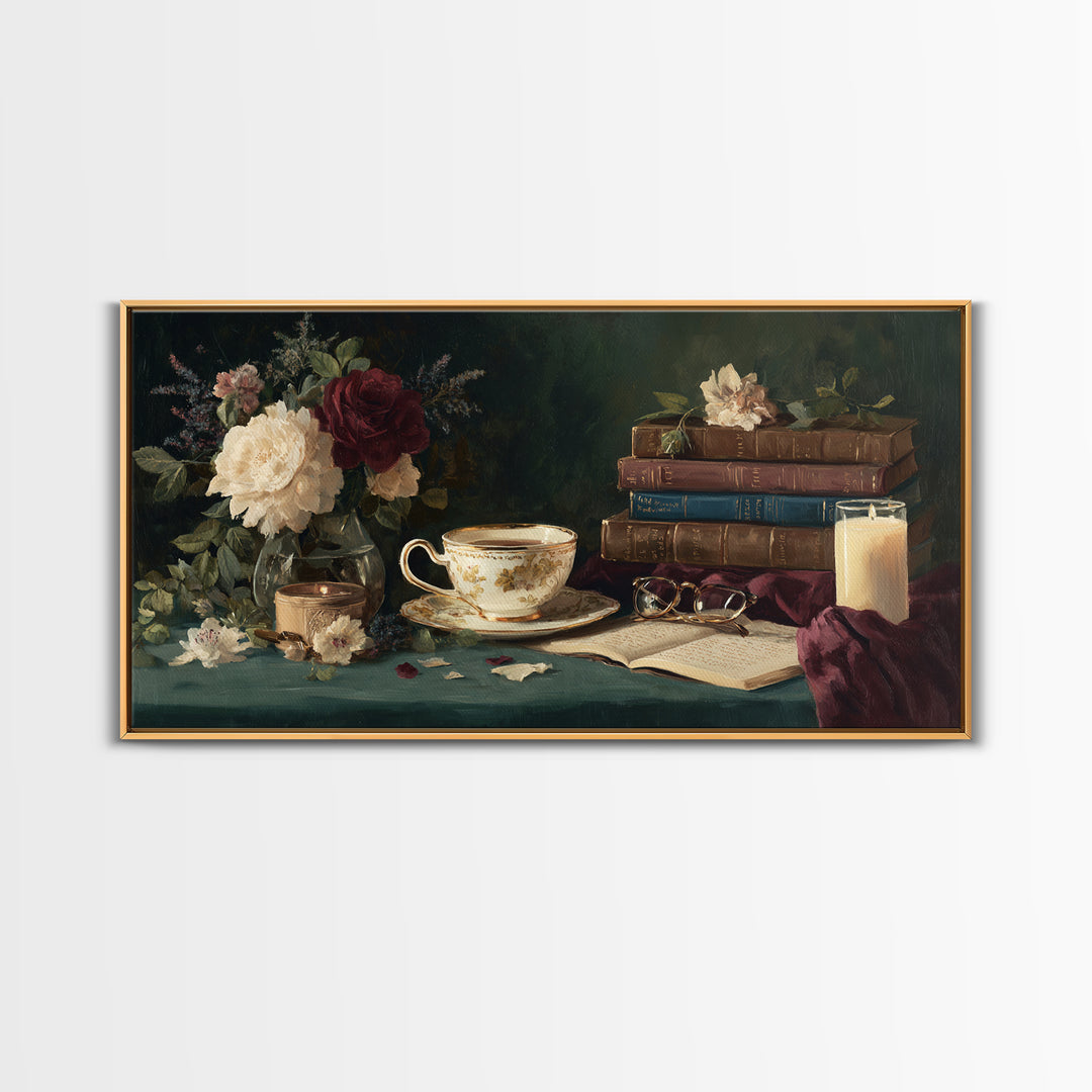 Teacup Beside a Novel and Roses Canvas Print, Library Art, Digital Art, Library Decor, Fine Art, Archive, Watercolor Art, LIB-2x1-82