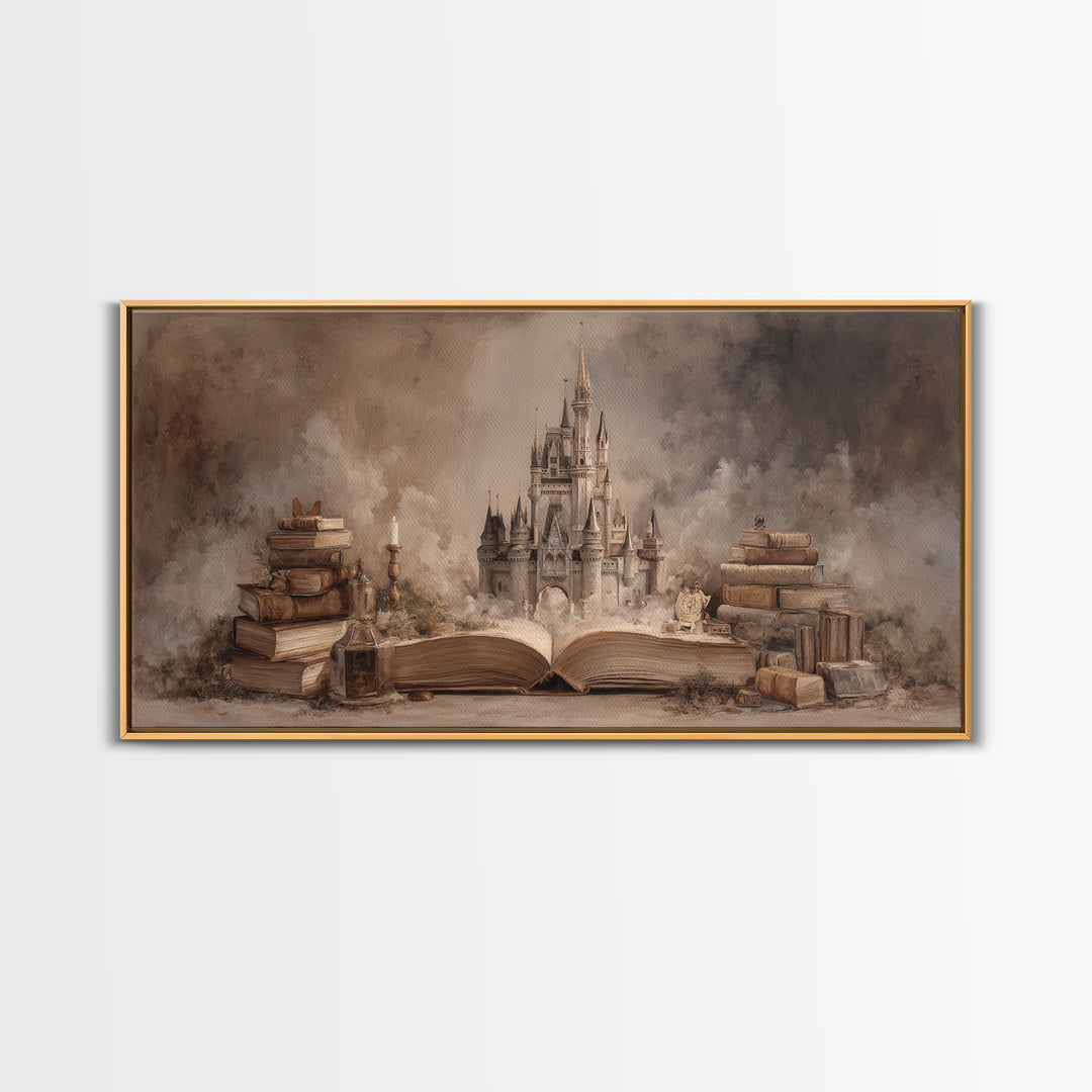 Storybook Castle Emerging from Open Book Framed Canvas Print, Library Art, Painting, Library Decor, Fine Art, Archive, LIB-2x1-83