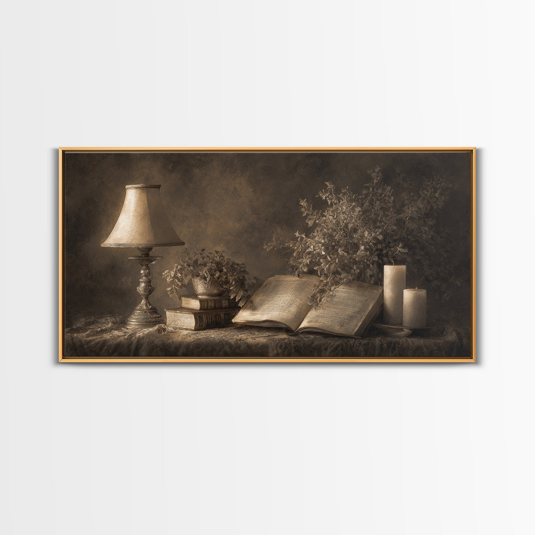 Warm Reading Lamp and Small Plant Still Canvas Print, Library Art, Watercolor Art, Library Decor, Archive, Halloween Wall Art, LIB-2x1-89