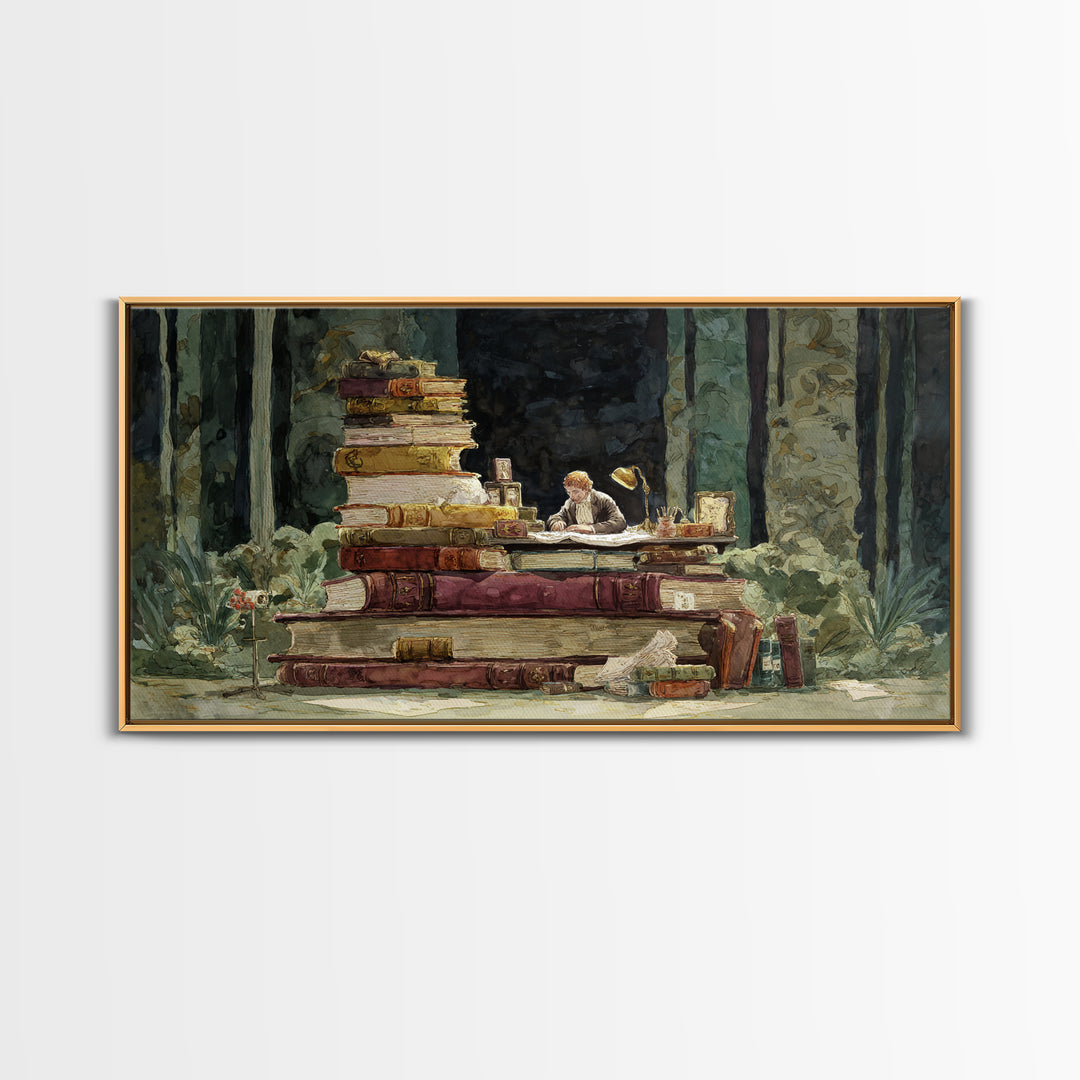 Renaissance Reading Figure Framed Canvas Print, Library Art, Dark Academia Decor, Library Decor, Archive, Botanical Art, LIB-2x1-91